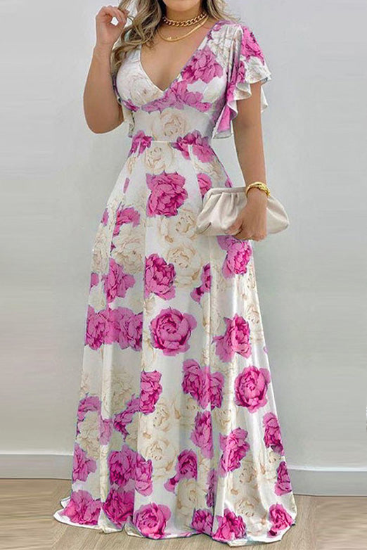 Elegant V-Neck Cinched Waist Print Maxi Dress