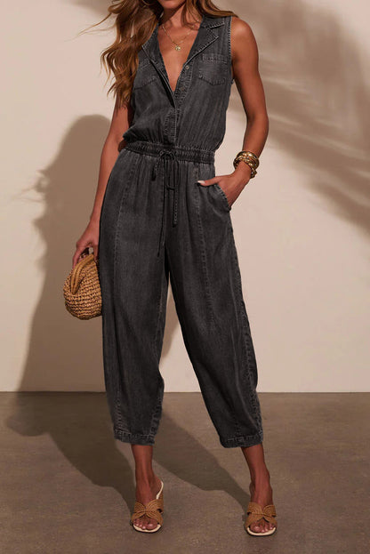 Sleeveless Drawstring Denim Utility Jumpsuit