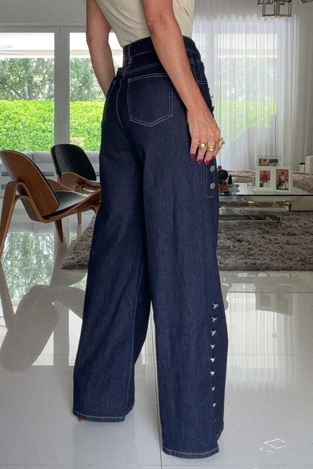 High-Rise Studded Wide-Leg Jeans