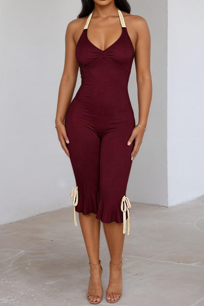 Contrast Halter Ruffle Hem Jumpsuit