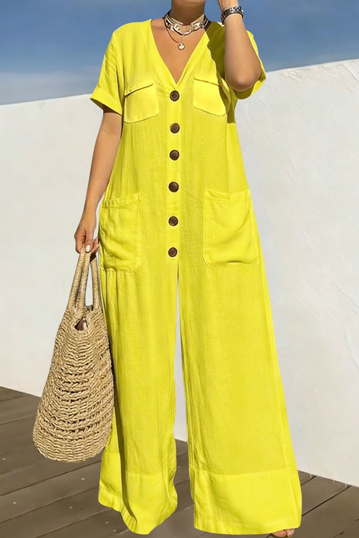 Plus Size Relaxed Button-Front Wide Leg Jumpsuit