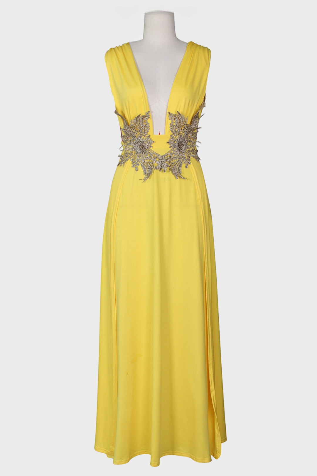 Open V-Neck Sleeveless Double Slit Maxi Dress