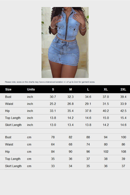 Street Wear Denim Zipper Skirt Set