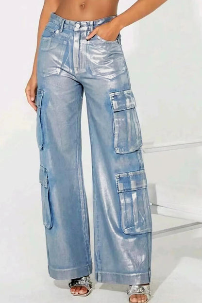 Hot Silver Elastic Cargo Jeans