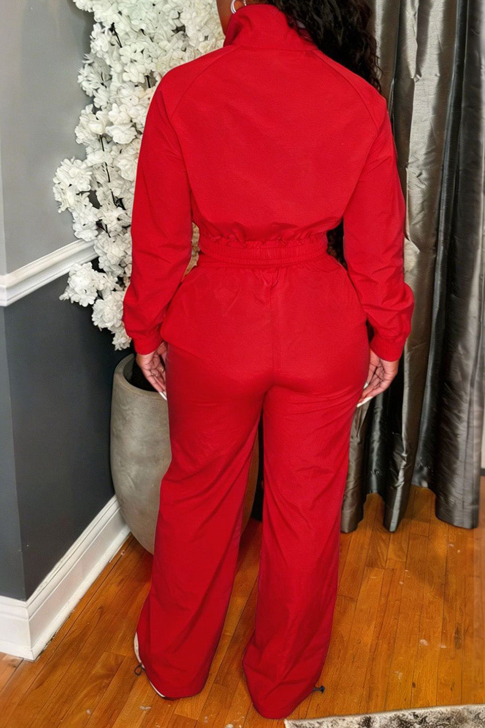 Zip-Front Piped Top & Wide-Leg Pants Set