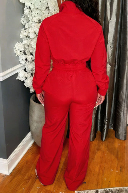 Zip-Front Piped Top & Wide-Leg Pants Set