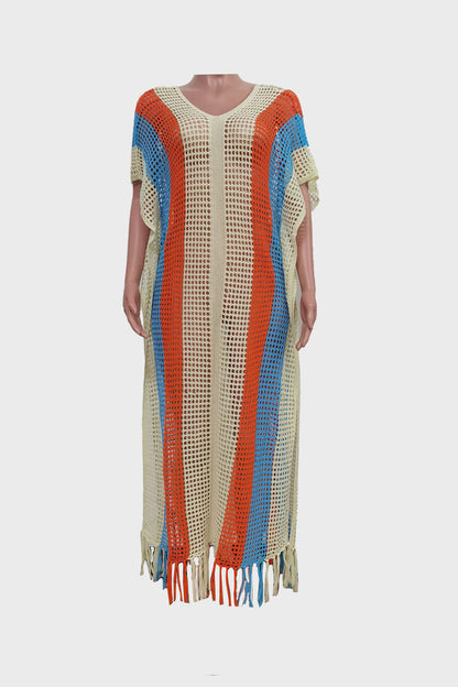 Colorblock V Neck Short Sleeve Split Cover Up