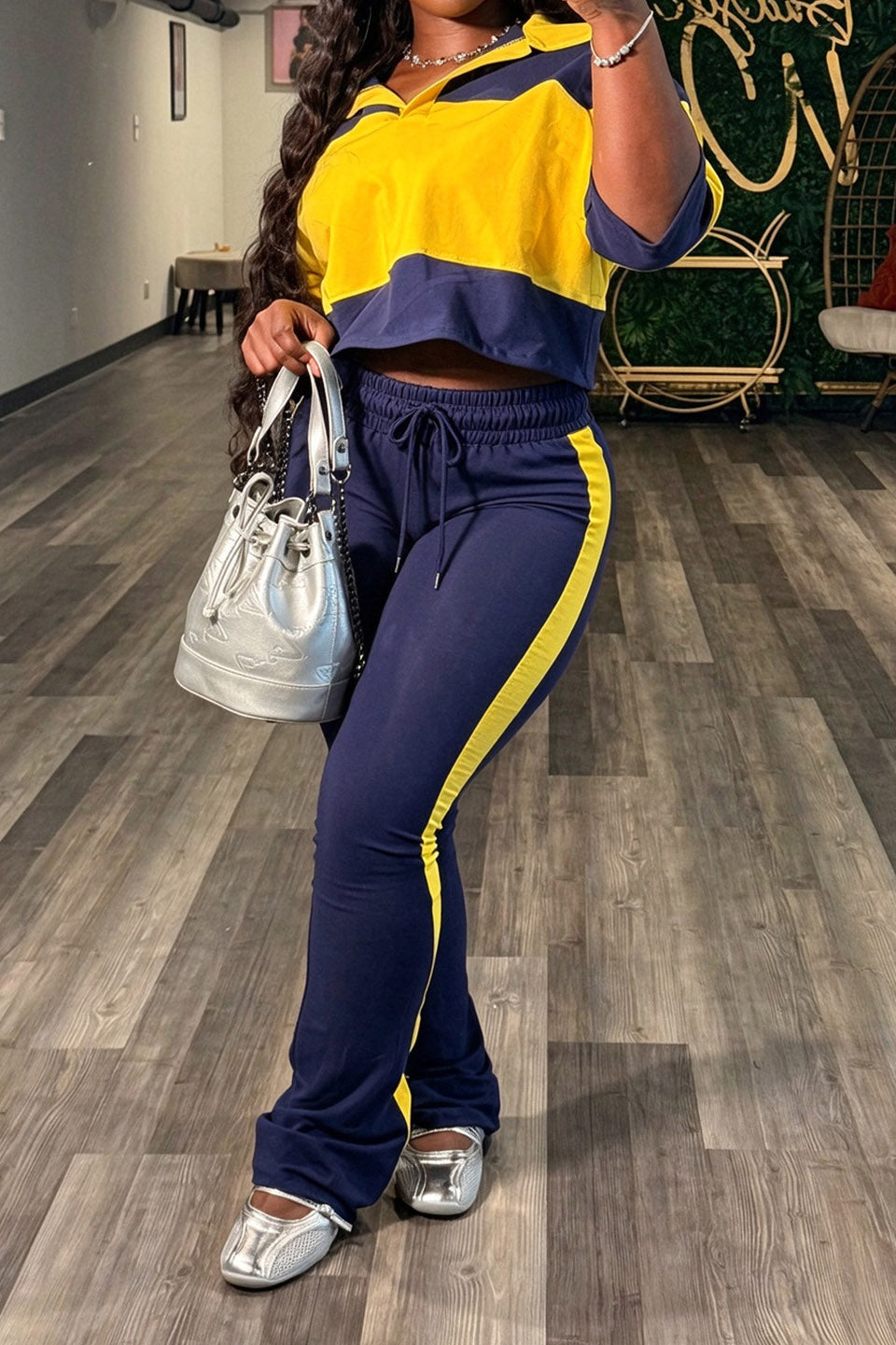 Colorblock Cropped Polo & Flare Pants Set