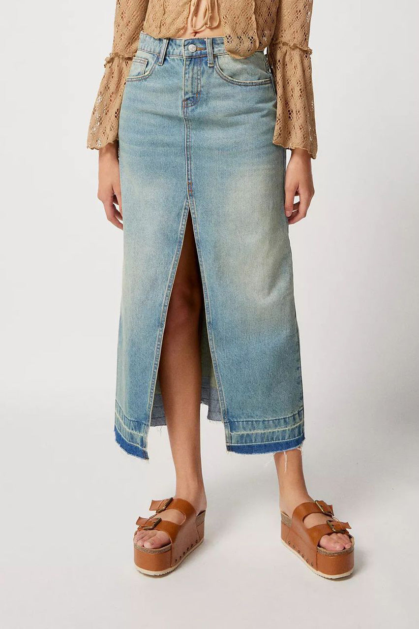 Slim Fit Vintage Denim Long Skirt