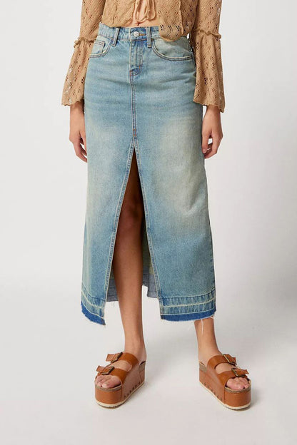 Slim Fit Vintage Denim Long Skirt