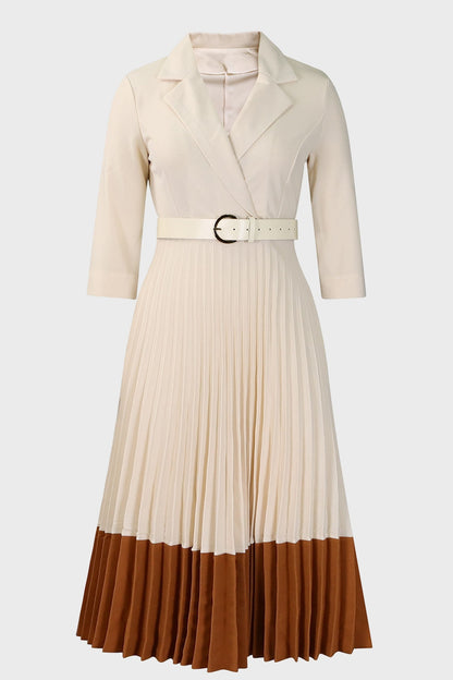 Two-Tone Belted Pleated Dress