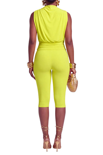 Draped V Neck Capri Romper