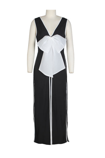 Bow Deep V Neck Slit Maxi Dresses