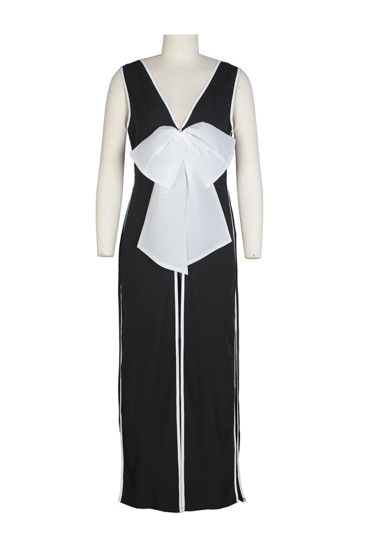 Bow Deep V Neck Slit Maxi Dresses