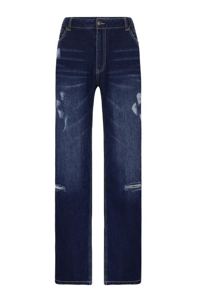 Distressed Mid-Rise Straight Leg Jeans