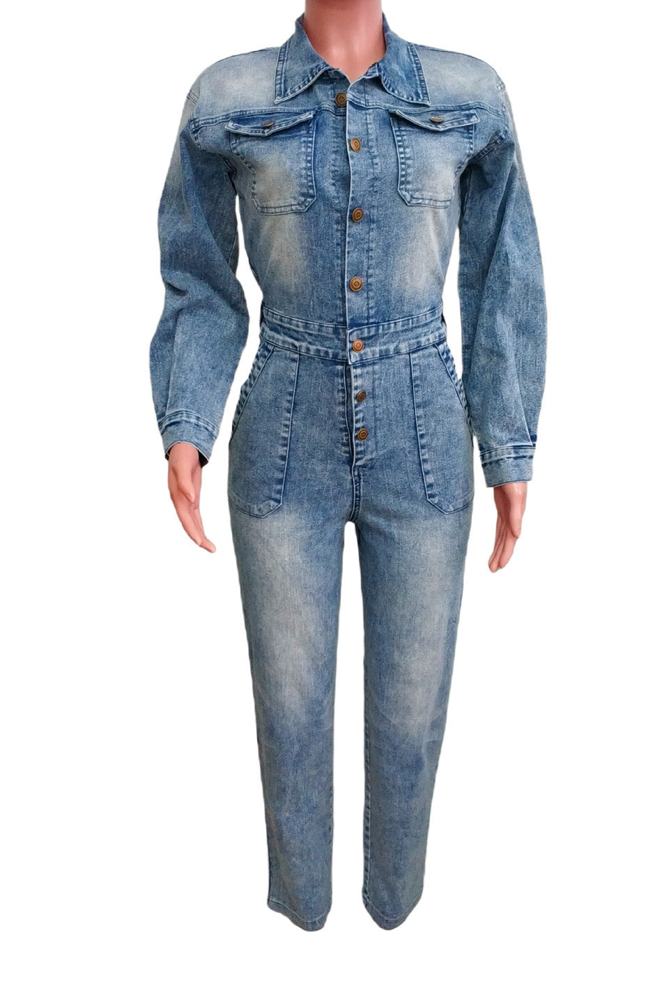 Long Sleeve Button Down Denim Utility Jumpsuit