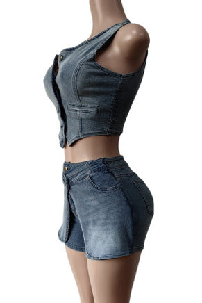 Stretch Denim Apron Shorts Set - Vest & Shorts