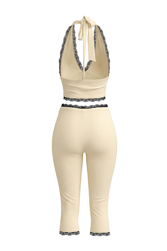 Lace Trim Ribbed Capri Set