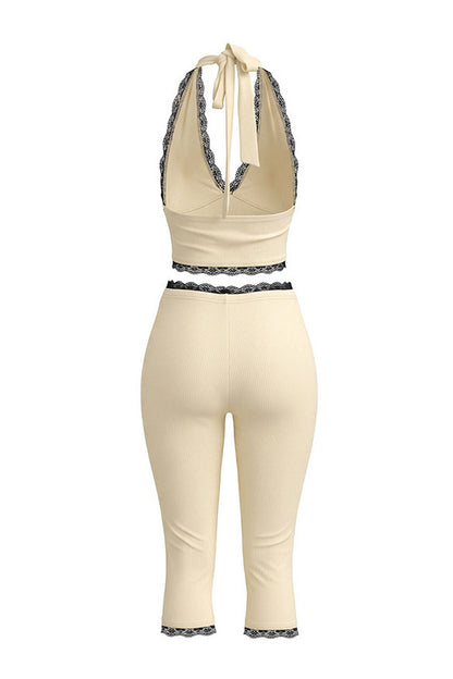 Lace Trim Ribbed Capri Set