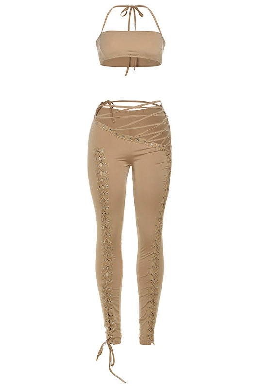 Crop Top and Lace-Up Pants 2-Piece Set
