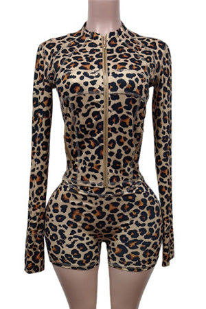 Leopard Print Long Sleeve Biker Shorts Set