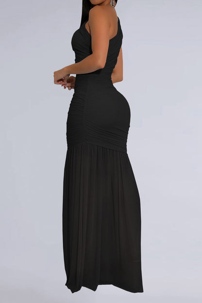 One-Shoulder Ruched Mesh Maxi Dress