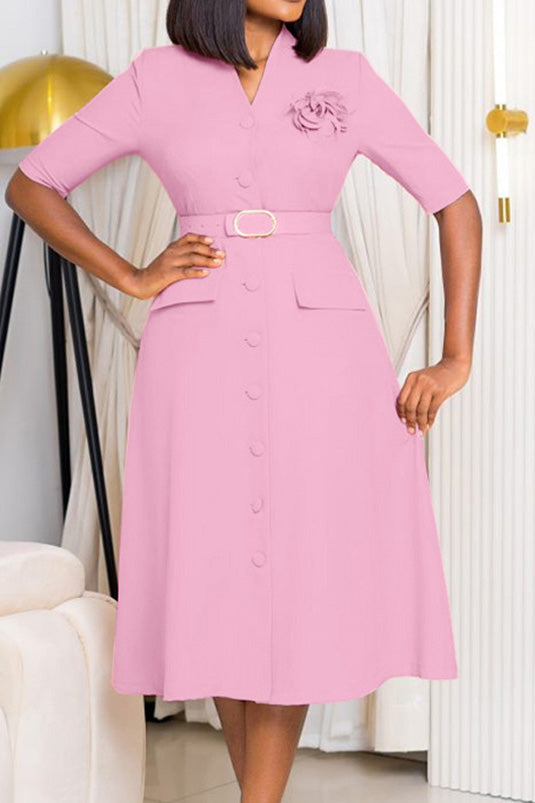 V-Neck Button Front Solid Color Midi Dress