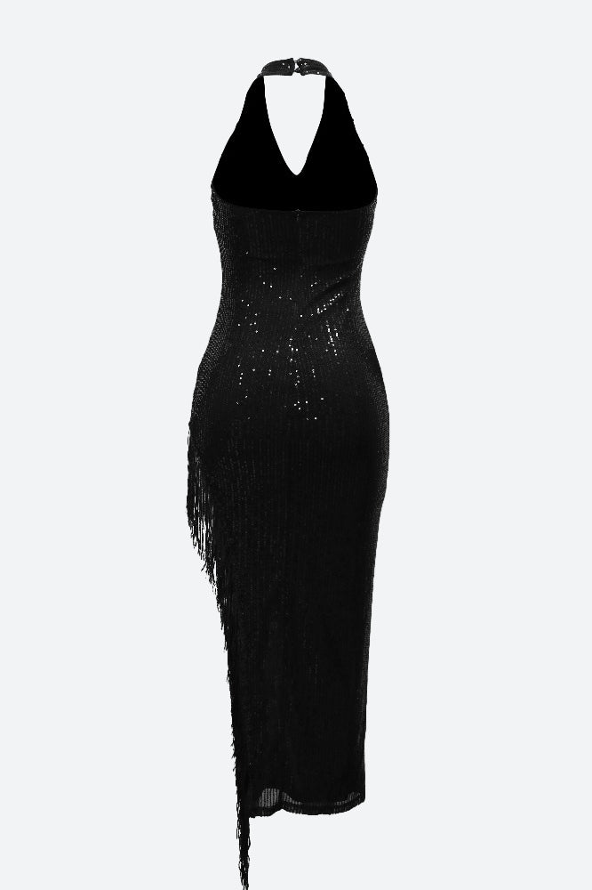 Halter Tassel Fringe Sequin Maxi Dress