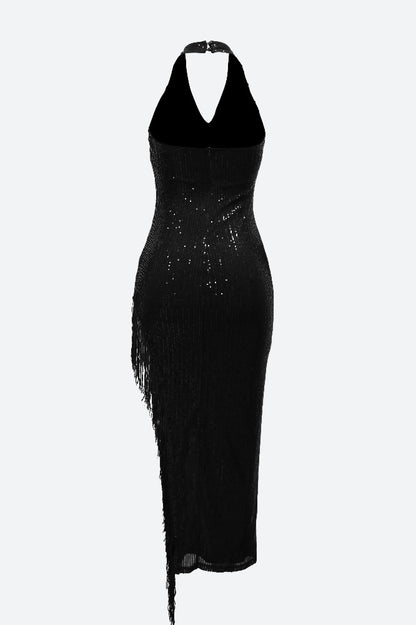 Halter Tassel Fringe Sequin Maxi Dress
