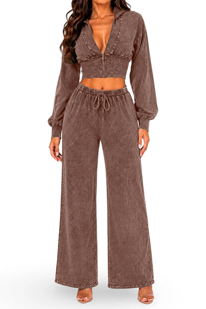 Washed Cropped Zip Jacket Wide Leg Pants Set