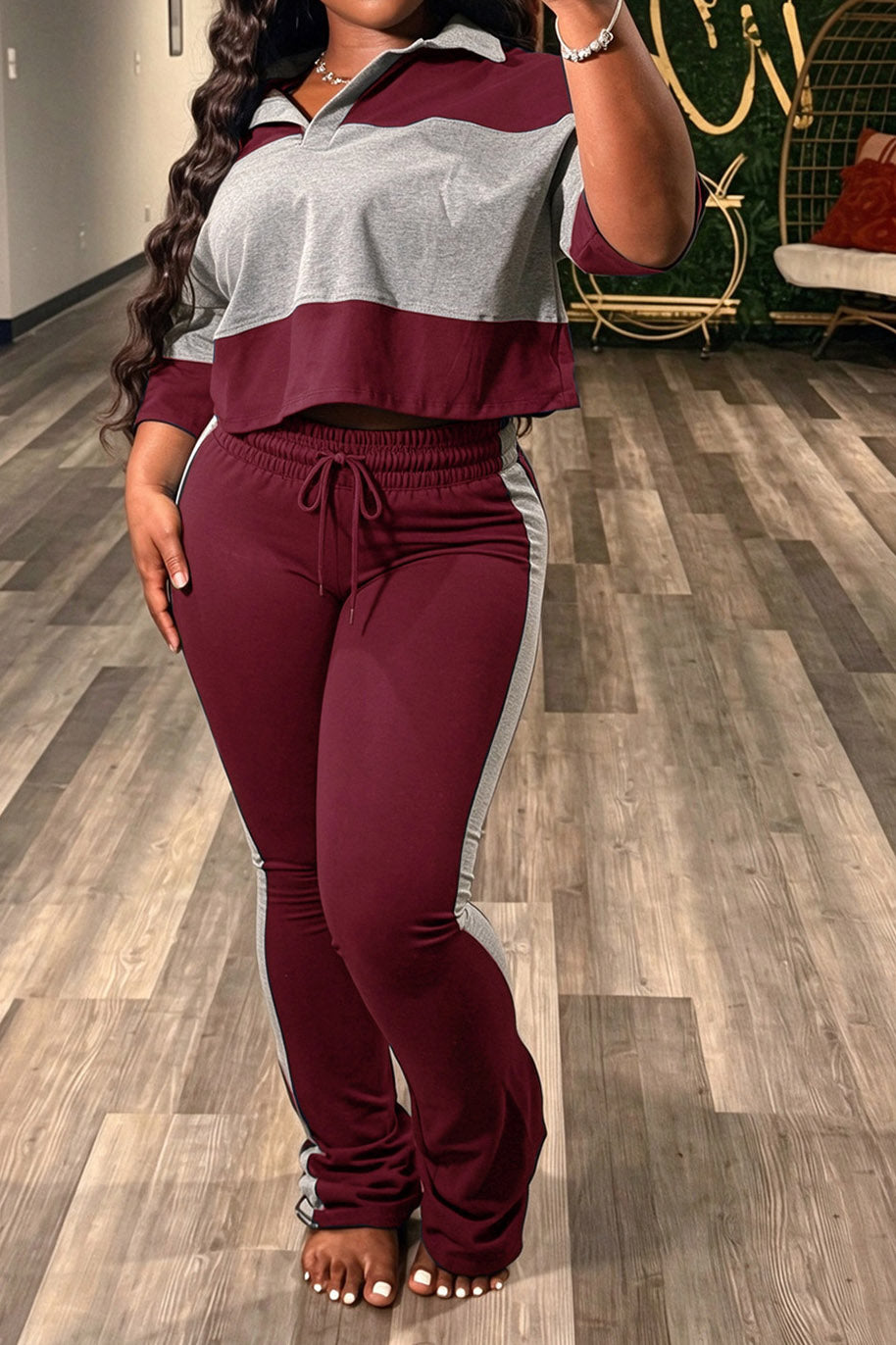 Colorblock Cropped Polo & Flare Pants Set