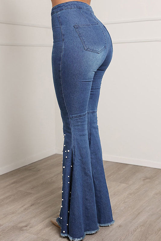 Pearl Decor Buttons Denim Flare Leg Jeans