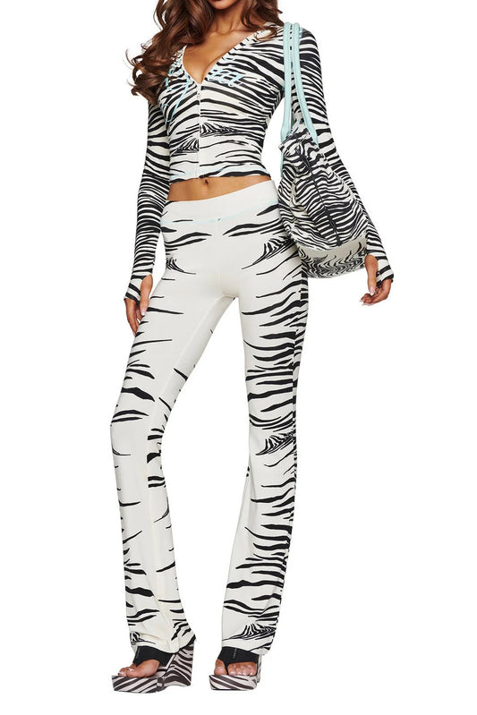 Printed Zip Hoodie Flare Pants Set