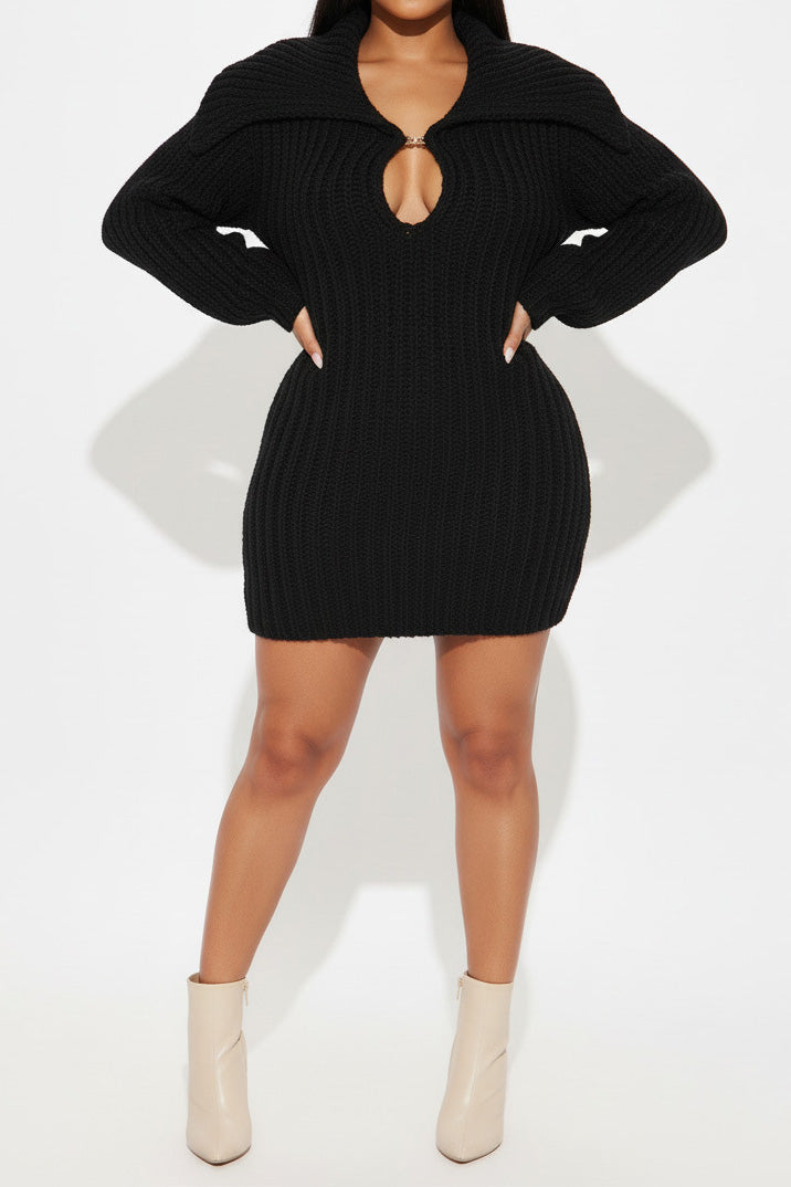 Fold Over Collar Lantern Sleeve Knit Dress