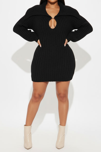 Fold Over Collar Lantern Sleeve Knit Dress