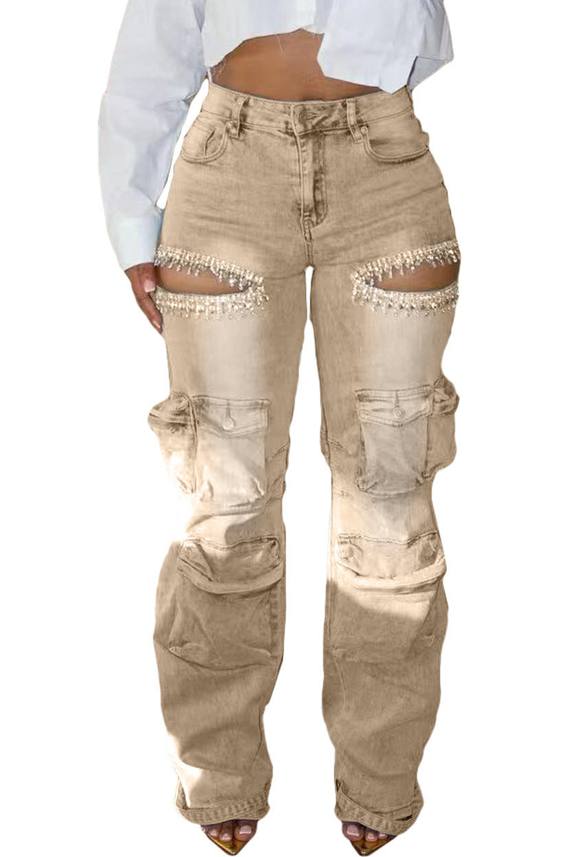 Rhinestone Cutout Wide Leg Cargo Pants