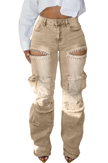 Rhinestone Cutout Wide Leg Cargo Pants