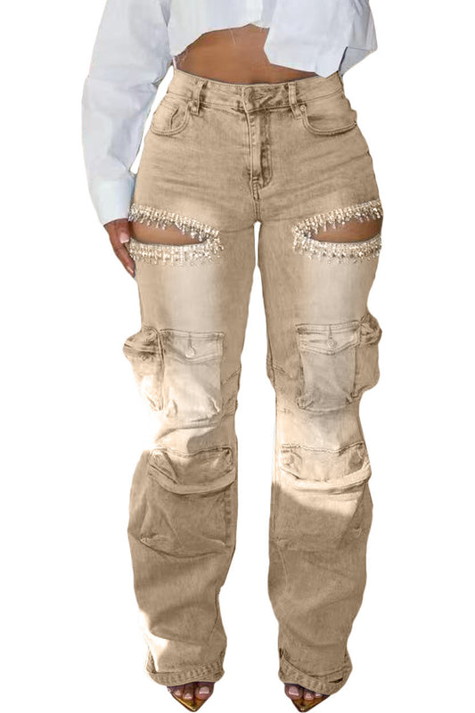 Rhinestone Cutout Wide Leg Cargo Pants