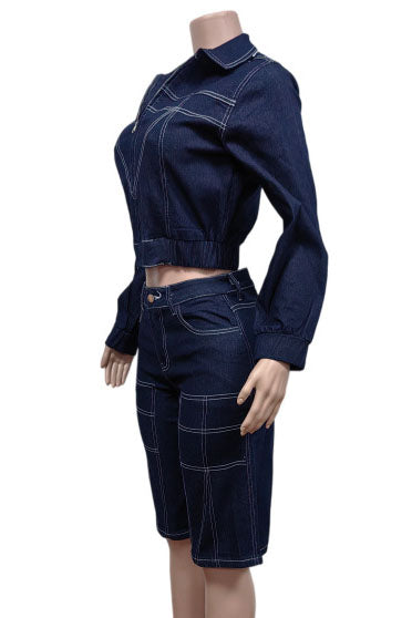 Contrast Stitch Denim Short Set