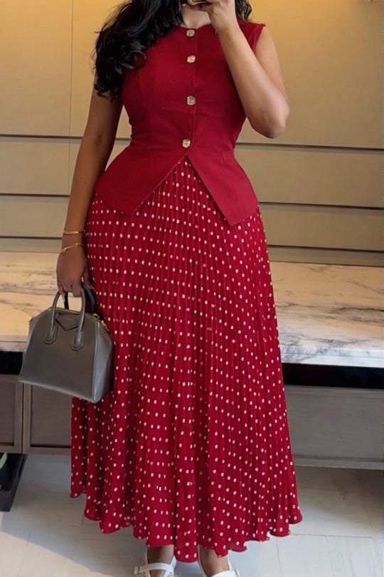 Button Vest & Polka Dot Pleated Skirt Set