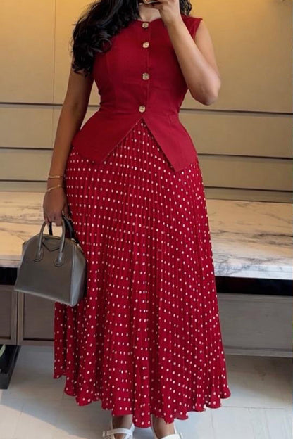 Button Vest & Polka Dot Pleated Skirt Set