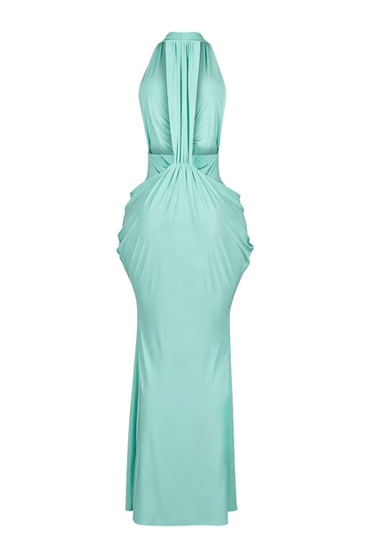 Plunging Halter Beaded Cutout Maxi Dress