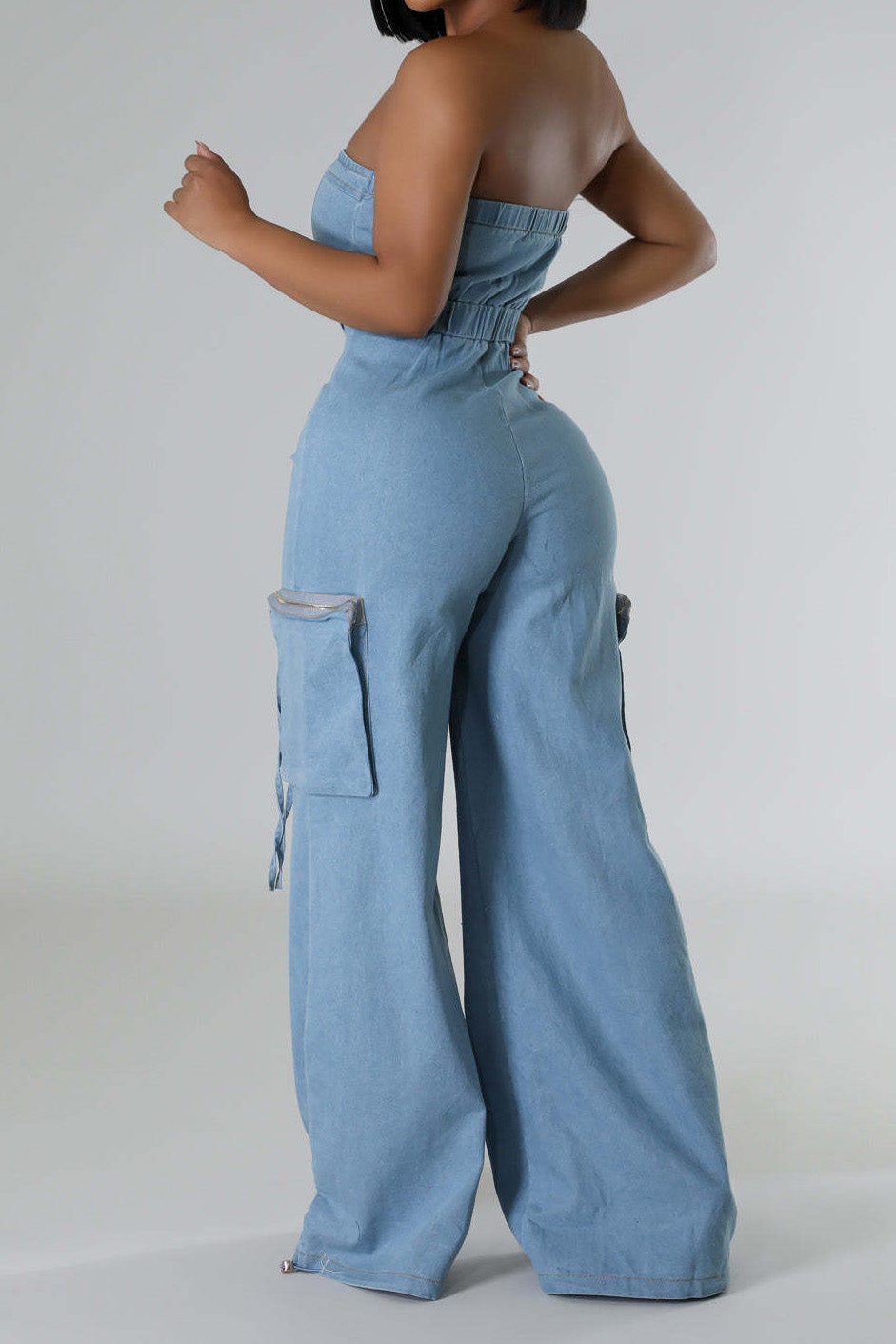 Slim Fit Strapless Denim Jumpsuit
