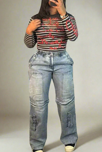 Stretchy Distressed Button Down Cargo Jeans