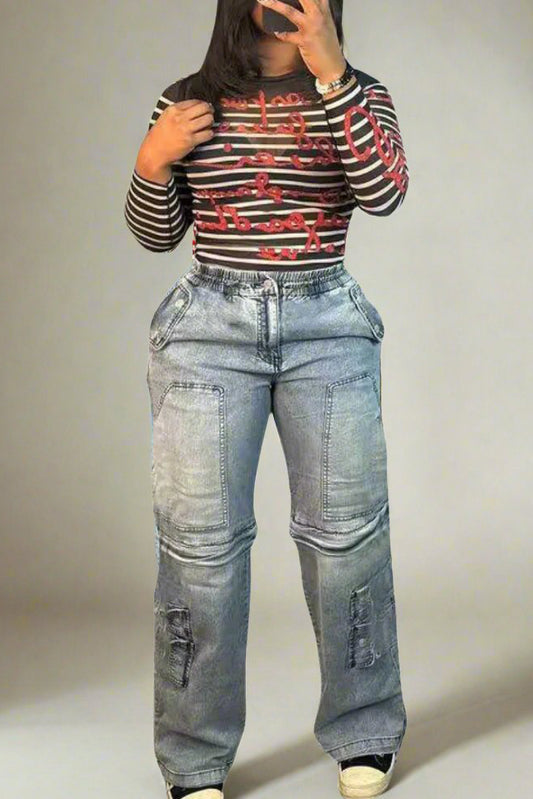 Stretchy Distressed Button Down Cargo Jeans