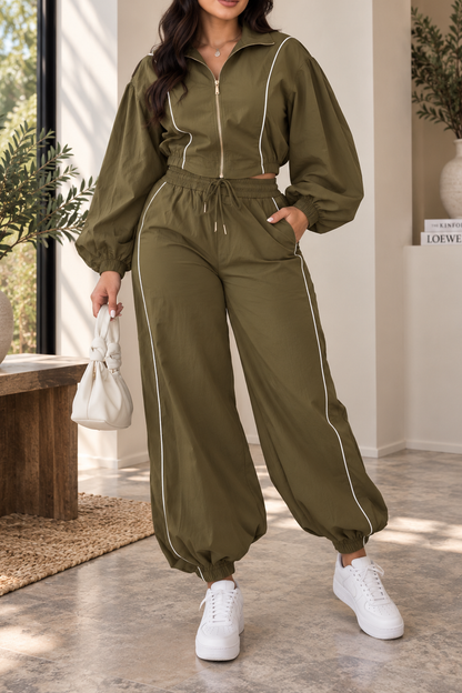Piped Balloon Sleeve Tracksuit Set