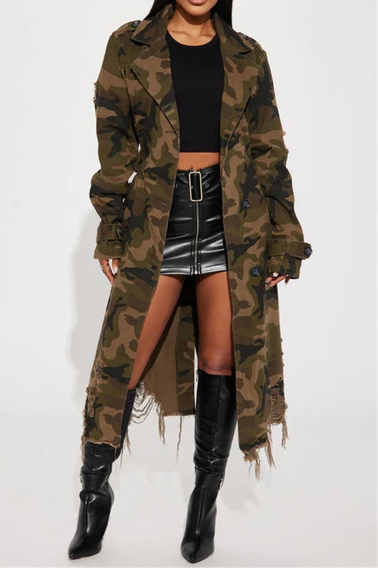 Longline Distressed Camouflage Jacket