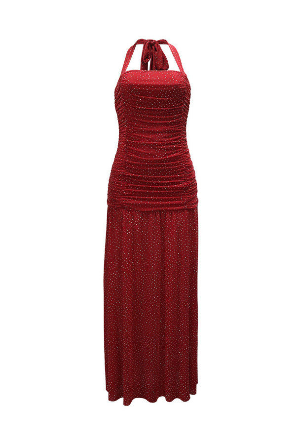 Shimmer Ruched Halter Slit Maxi Gown