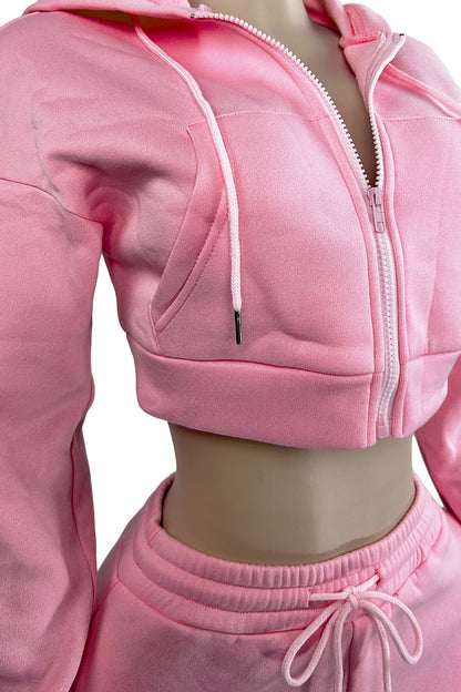 Fleece Hoodie Zip Jacket and Flare Pants Set