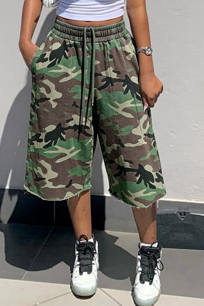 Baggy Drawstring Raw Hem Camo Shorts